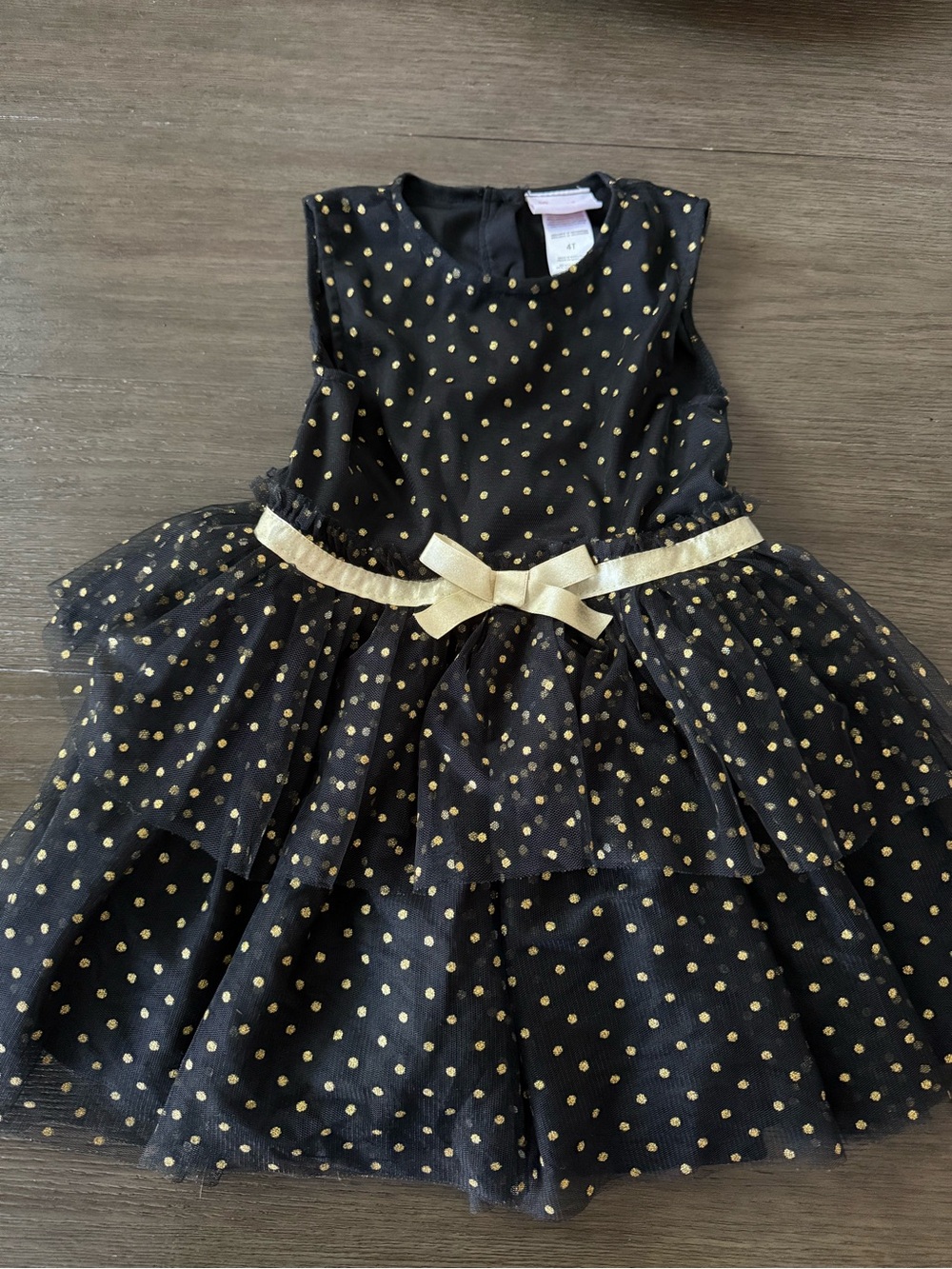 Little Lass Girls Black Tulle Dress with Gold Polka Dots and Bow size 4T